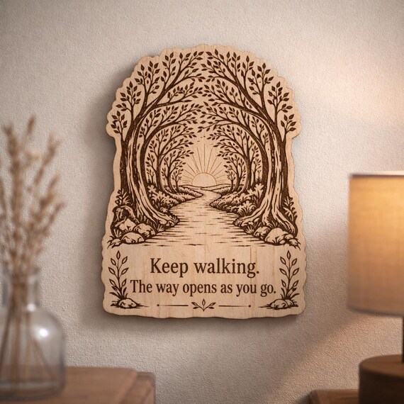 Woodland Path Wood Sign, Keep Walking Quote Birch Plaque, Inspirational Forest Wall Decor, product view 2
