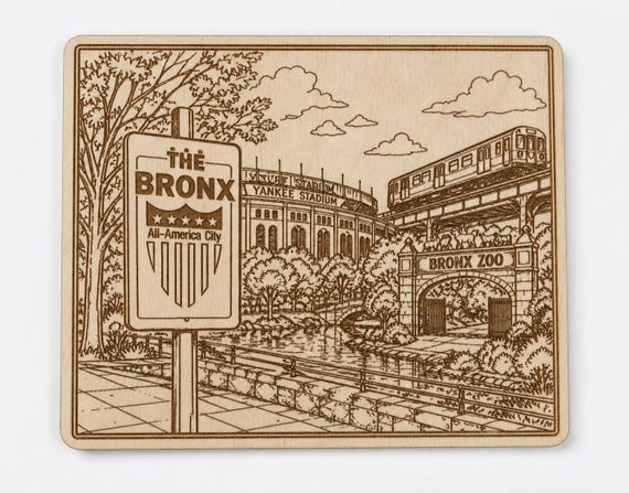 Bronx Wood Engraved Wall Art – Yankee Stadium & Bronx Zoo Scene – NYC Skyline