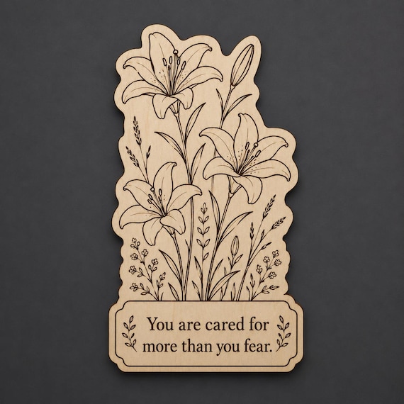Lily Wood Plaque, You Are Cared For Quote Sign, Floral Birch Wall Art With Desk Stand