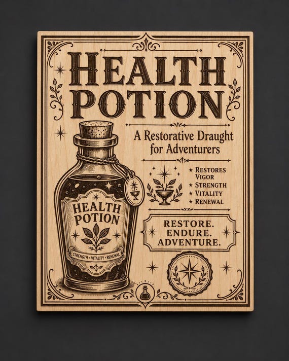 Health Potion Birch Wood Wall Art, Fantasy Apothecary Game Room Decor