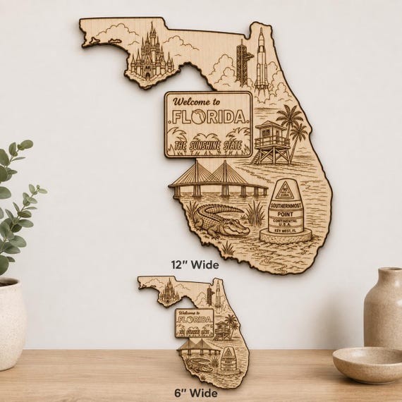 Engraved Birch Florida Map Wall Art, Sunshine State Decor, Florida Gift Souvenir, product view 2