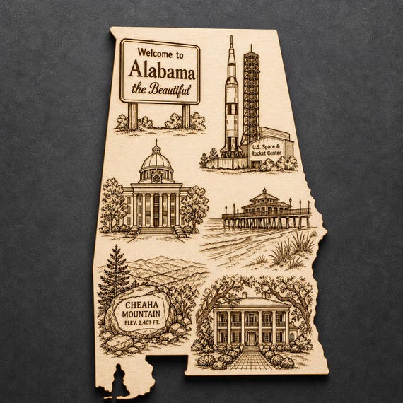 Engraved Birch Alabama State Wall Art, Landmark Decor Sign, multiple sizes