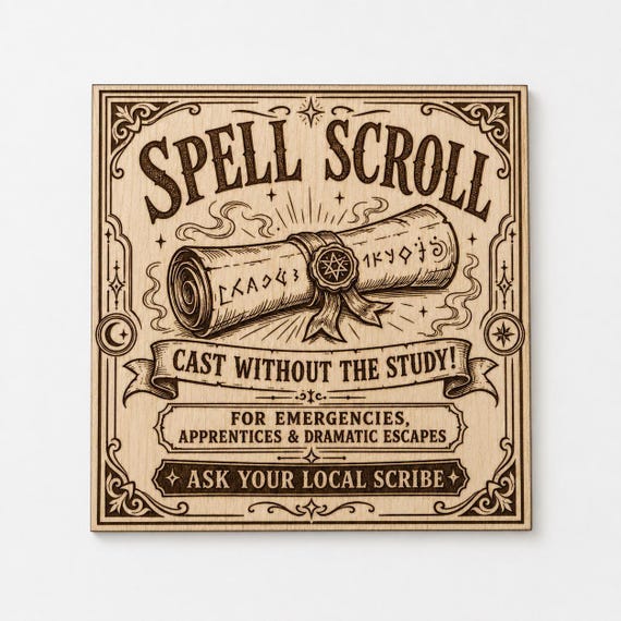 Spell Scroll Wood Sign, Fantasy Scribe Wall Art, Birch Engraved Plaque