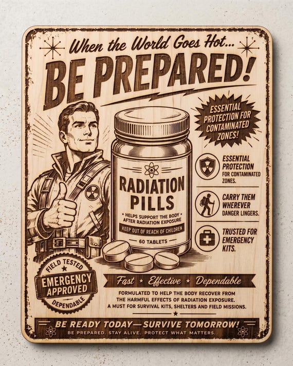 Retro Apocalypse Radiation Pills Sign, Funny Survival Bunker Wall Art, Engraved Birch Decor
