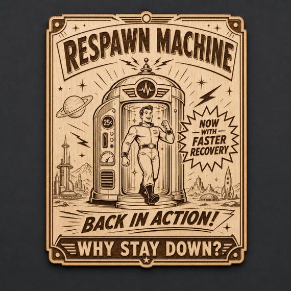Respawn Machine Birch Wood Sign, Retro Sci Fi Gamer Wall Decor