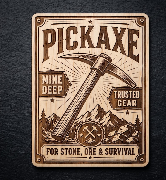 Pickaxe Wood Sign, Engraved Gamer Wall Decor, Mining Survival Game Room Art, Retro Birch Plaque for Desk or Wall