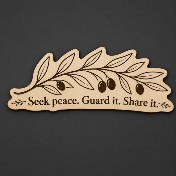 Olive Branch Wood Plaque, Seek Peace Quote Sign, Long Birch Wall Art With Natural Branch Shape