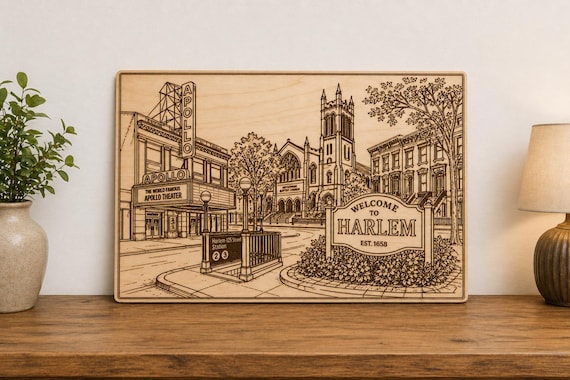Harlem Street Scene Engraved Wooden Wall Art, Apollo Theater NYC Decor Plaque