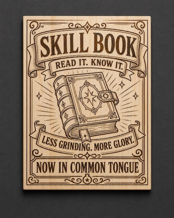 Skill Book Wood Sign, Fantasy RPG Wall Decor, Gamer Desk Plaque