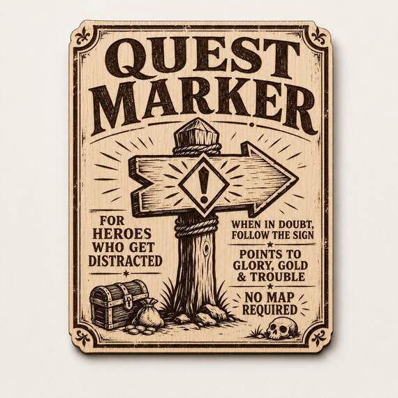 Quest Marker Wood Sign, Fantasy RPG Wall Decor, Engraved Birch Adventure Plaque With Desk Stand