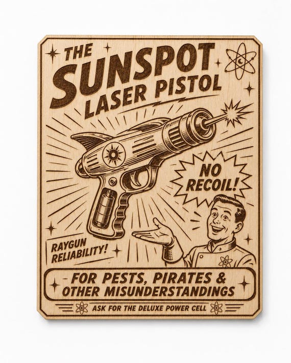 Retro Raygun Laser Pistol Birch Wall Art, Sci Fi Wood Sign
