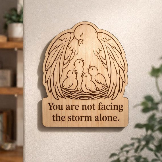 Protective Bird Wood Plaque, Encouragement Quote Sign, Comforting Birch Wall Art With Nest, product view 2