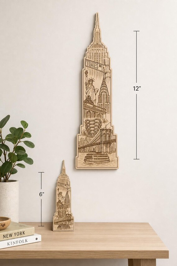NYC Skyline Birch Wall Art – Empire State Building Landmark Decor – Engraved City Scene, product view 2