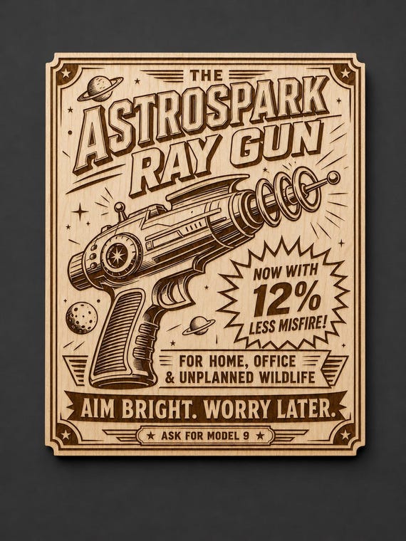 Retro Space Ray Gun Birch Wall Art, Vintage Sci Fi Laser Engraved Sign