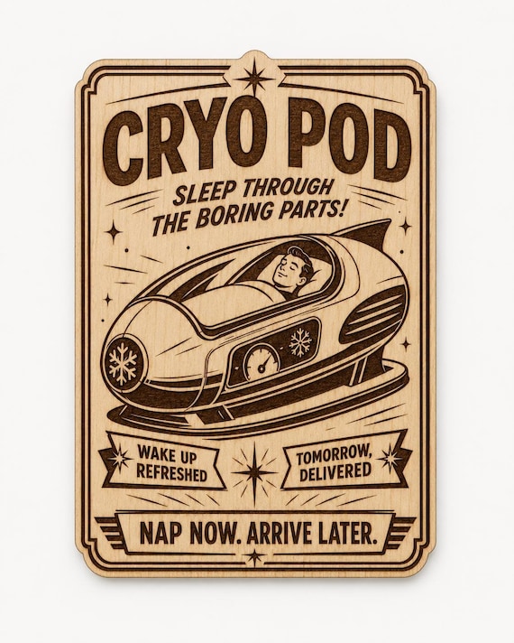 Cryo Pod Birch Wood Sign, Retro Sci Fi Sleep Pod Wall Decor