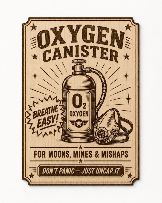 Retro Oxygen Canister Wood Sign, Space Mining Wall Decor, Vintage Sci Fi Game Room Plaque, Birch Desk Shelf Art