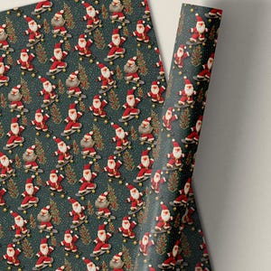 Skating Santa Christmas gift wrap - Retro holiday wrapping paper with festive snowy design with 3D embroidered effect (3 sheets)