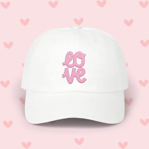 Embroidered Pink Love Design Dad Hat | Adjustable Baseball Cap | Personalized Gift for Him or Her | Hand-Lettered Design
