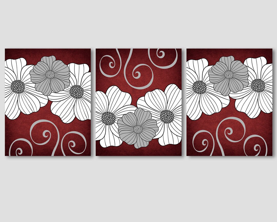 Burgundy red wall art decor grey and white flowers Etsy
