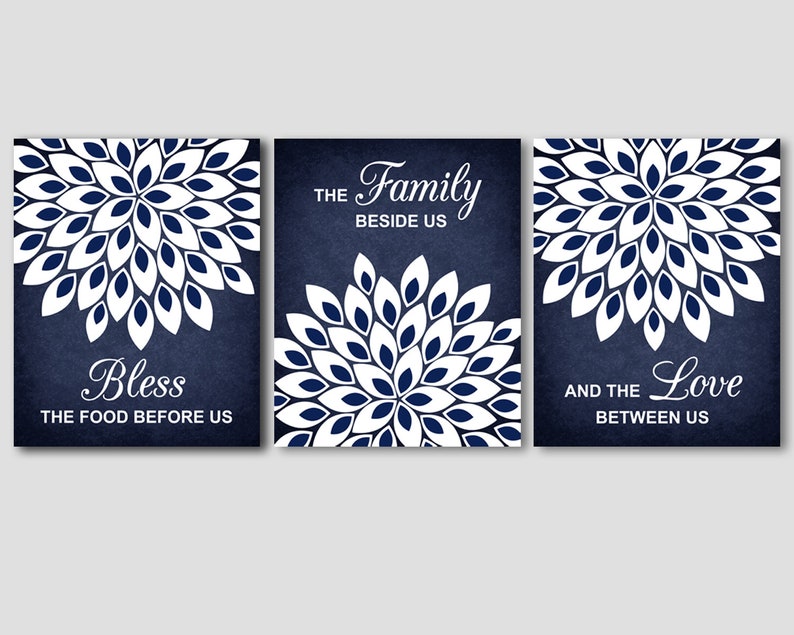 navy blue and white kitchen wall art decor bless the food | etsy