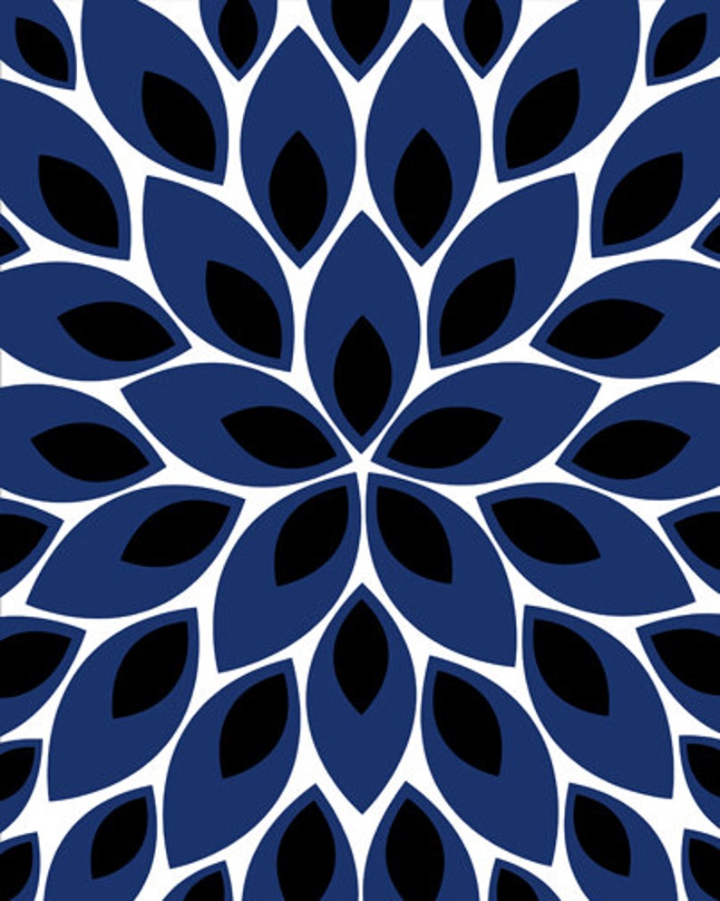 Navy Blue and White Black Wall Art Decor Flower Burst 3 Etsy
