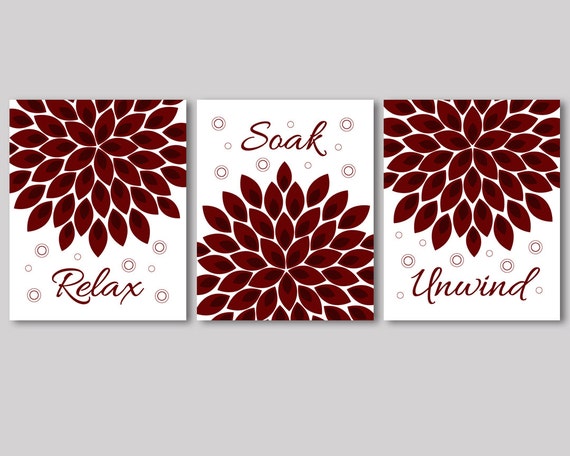 modern wall decor Set of 3 prints burgundy red and white flowers