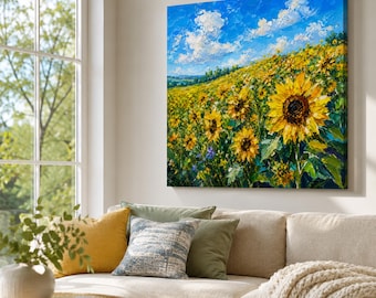 Originales Ölgemälde eines Sonnenblumenfeldes, leuchtende Impasto-Landschaft, sommerliche Wiesen-Wanddekoration, Geschenk für Blumenliebhaber
