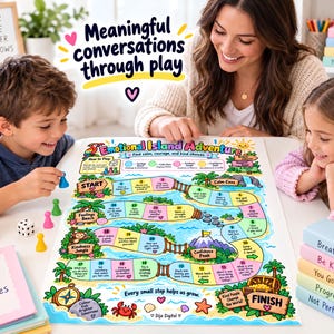 Peut inclure: Un jeu de plateau intitulé Emotional Island Adventure présentant un chemin coloré avec des cases numérotées, des illustrations d'éléments tropicaux et des textes. Le jeu comprend des pions en plastique, un dé et un pot à crayons.