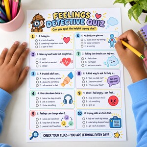 Pode incluir: Uma folha de exercícios Feelings Detective Quiz com dez perguntas de múltipla escolha sobre emoções e habilidades de enfrentamento. A página inclui ilustrações coloridas de corações, um detetive e uma caixa de ferramentas.