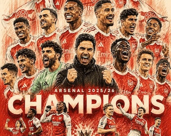 Arsenal Premier League Champions 2025/26 A4 Poster, Drawn Style Football Art