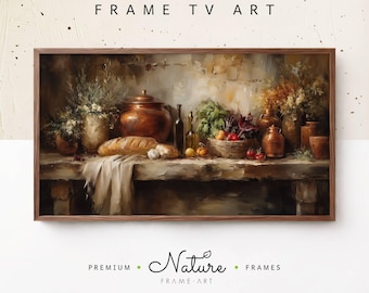 Vintage Farmhouse Kitchen Counter with Copper Pots and Bread | Old World Frame TV Art for Country Kitchen