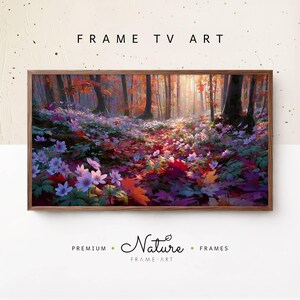 Può includere: Una cornice rettangolare in legno contenente un'opera d'arte digitale di un sottobosco coperto di fiori viola e bianchi e foglie autunnali colorate, con il testo FRAME TV ART in alto e PREMIUM NATURE FRAMES FRAME ART in basso.