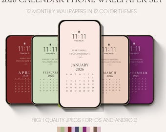 2026 Calendar Phone Wallpaper Set, Cozy Lock Screen in 12 Color Themes