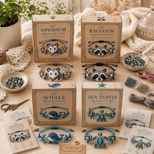 DIY Animal Beadwork Bracelet Kit, Wildlife Charm Craft Box, Opossum Raccoon Turtle Cow Dachshund