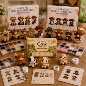 May include: A 3D beaded Highland cattle DIY kit featuring multiple boxes, instruction sheets, plastic organizers filled with small beads, spools of thread, scissors, and several finished beaded cow figurines in various poses and colors.