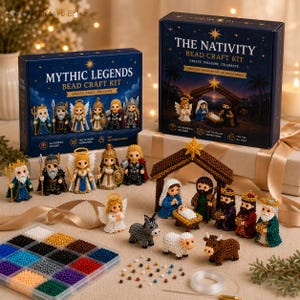 Puede incluir: Dos cajas de kits de manualidades azules etiquetadas como Mythic Legends y The Nativity Bead Craft Kit. Las cajas muestran figuras de cuentas terminadas. Incluye cuentas sueltas en una bandeja de plástico, hilo transparente y figuras montadas.