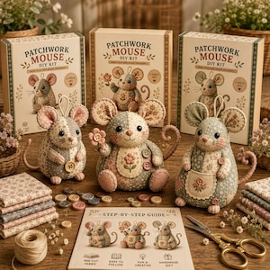 Patchwork Mouse DIY Sewing Kit, Fabric Ornament Craft Box, Beginner Sewing Pattern