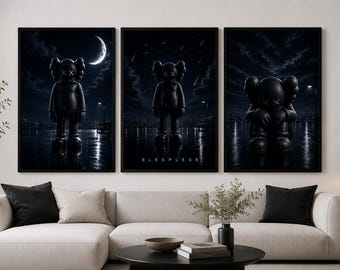 KAWS Poster Set of 3, Hypebeast Wall Art, KAWS Figure Prints, Black Luxury Room Decor, Dopamine Decor,  Digital Downloads