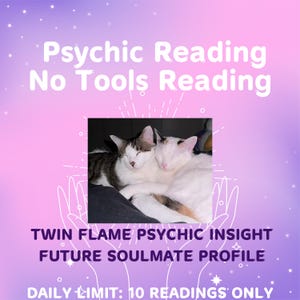 May include: A digital graphic with a purple and pink gradient background featuring the text Psychic Reading, No Tools Reading, Twin Flame Psychic Insight, Future Soulmate Profile, and Daily Limit: 10 Readings Only, with a central photo of two cats.