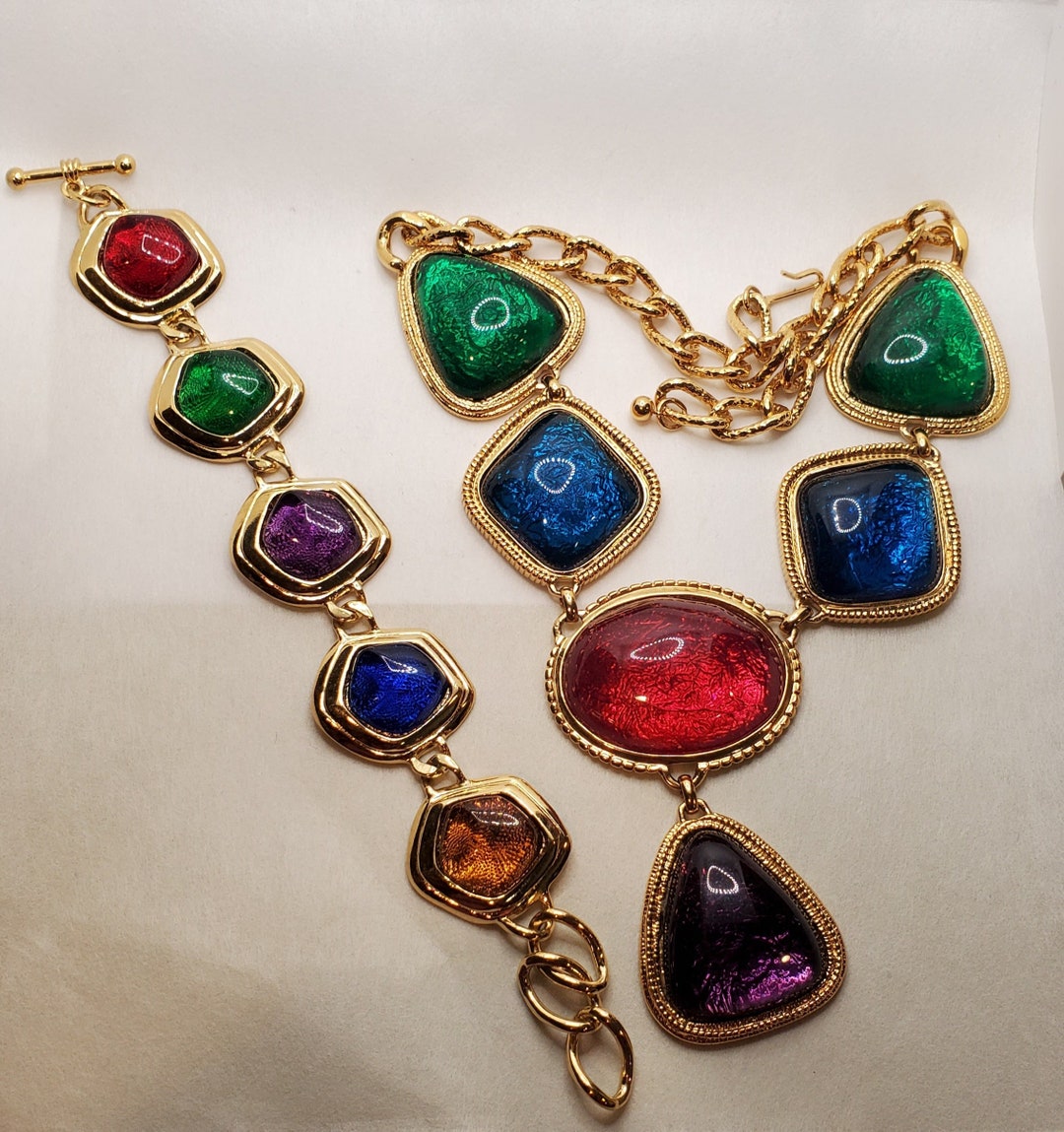 K.J.L. for Avon Jewel Tone Cabochon Necklace and Bracelet Demi Parure