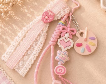 Llavero con diseño de paleta de colores Pink Coquette, llavero Kawaii con lazo de encaje, accesorio para mochila con diseño de dulces caramelos.