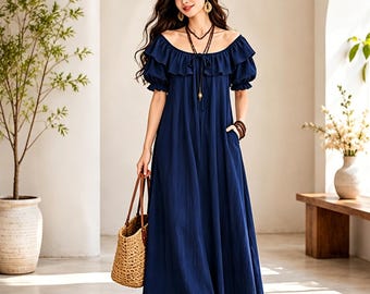 Vestido largo bohemio con hombros descubiertos, vestido veraniego azul con volantes estilo cottagecore, vestido holgado para vacaciones de verano, conjunto coqueto con mangas abullonadas, regalo de cumpleaños para ella.