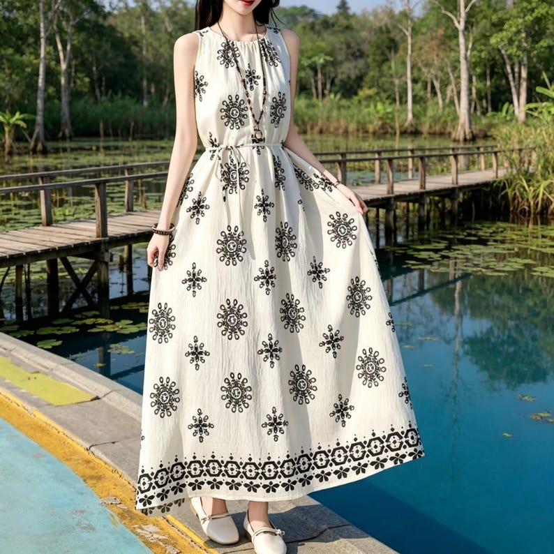 Puede incluir: Vestido blanco sin mangas y largo hasta el suelo con un estampado floral negro. El vestido presenta un cuello alto, una cintura con cord&oacute;n y un borde decorativo en el dobladillo. El vestido se lleva con zapatos blancos y un collar.