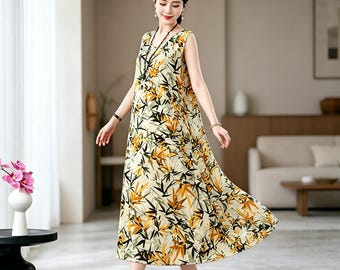 Vestido largo estilo bohemio con estampado de hojas de bambú, vestido de verano sin mangas de talla grande, vestido ligero informal de rayón para estar en casa, regalo para ella.
