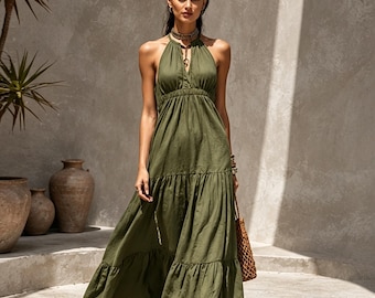 Boho Halter Maxi Dress, Tiered Backless Sundress, Smocked Waist Summer Gown, Textured Resort Clothing, Birthday Gift for Her