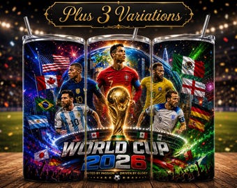 Paquete de imágenes PNG para envoltorio de vaso del Mundial 2026, diseño de sublimación de fútbol, vaso delgado de 20 oz, regalo para aficionados al fútbol, 3 variaciones.