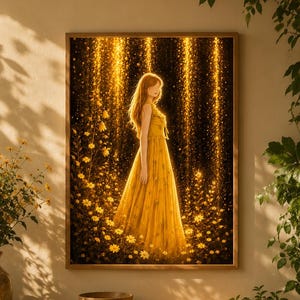 Golden Light Garden Woman Art Print | Ethereal Yellow Gown Wall Decor (Digital Download)