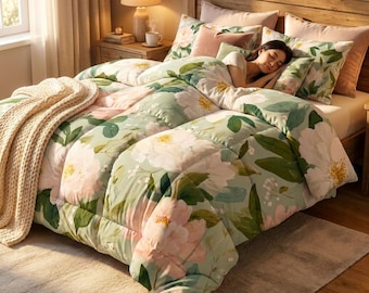 Green Floral Pattern Cotton Duvet Cover | Vintage Rose Meadow Bedding