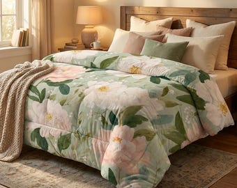 Green Pink Floral Pattern Cotton Duvet Cover | Vintage Floral Pattern Flower Design Bed Spread Cozy Bedding Farmhouse Foral Bedding