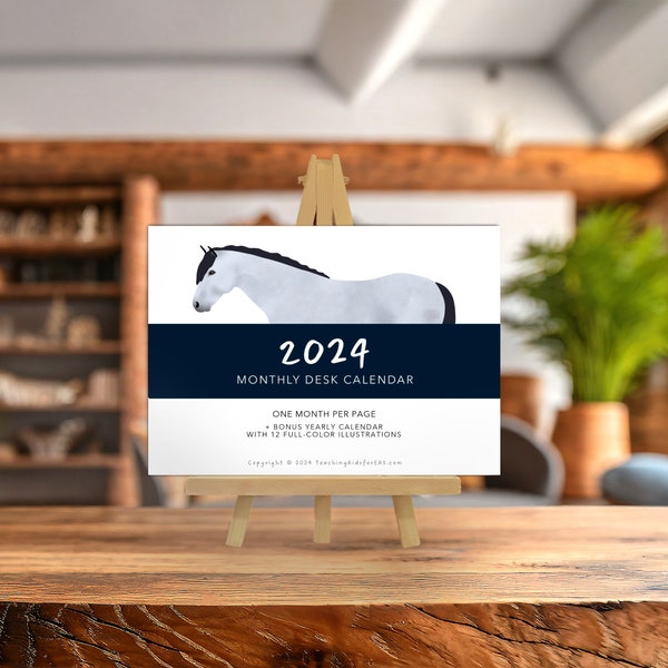 mini desk calendar 2024 with wooden easel  |   illustrated horse calendar   |   modern minimalist office decor  |  equestrian gifts